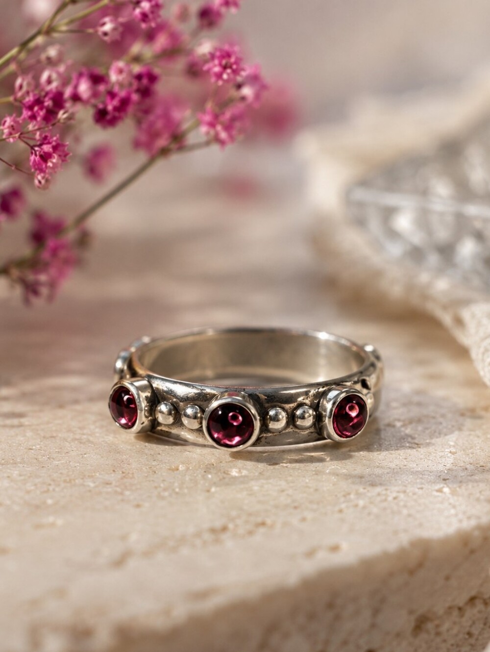 Vintage Balinese 925 Sterling Silver Multi-Stone Ring, Cabochon Garnet Sz 7